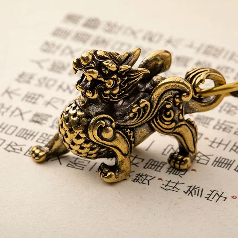 Vintage Brass Chinese Beast Pendants for Keychains Lanyard Men Car Key Chain Hanging Lucky Feng Shui Jewelry Handmade Woven Rope