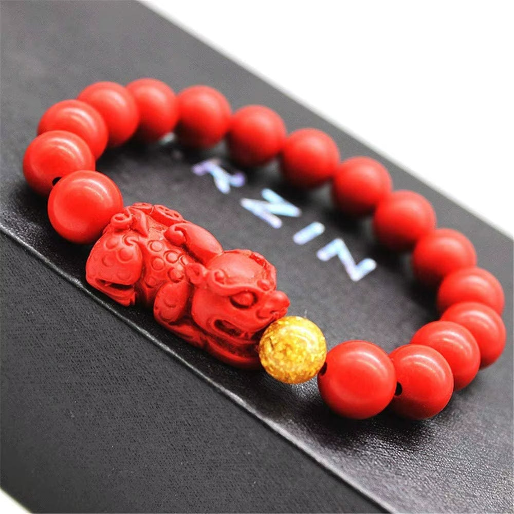 Pixiu Natural Stone Bracelet Men Women Chinese Feng Shui Pi Xiu Red Beads Wristband Gold Wealth & Good Lucky Unisex Bracelets A+