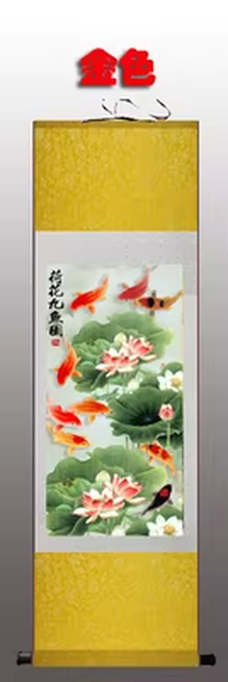 Silk Painting Gift / Lotus Nine Fish Figure / Figure Silk Scroll Painting Lotus / Interior Painting / Chinese Painting