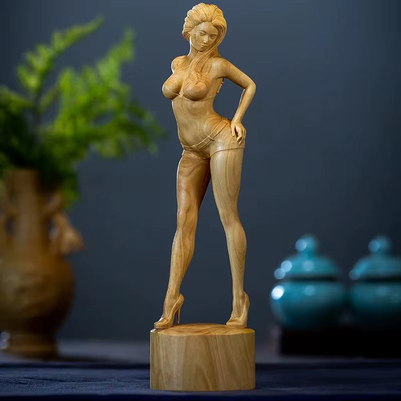 21.8CM Beauty Model Boxwood Sculpture Feng Shui Wood Carving Beautiful Lady Girl Statue Collection Ornaments