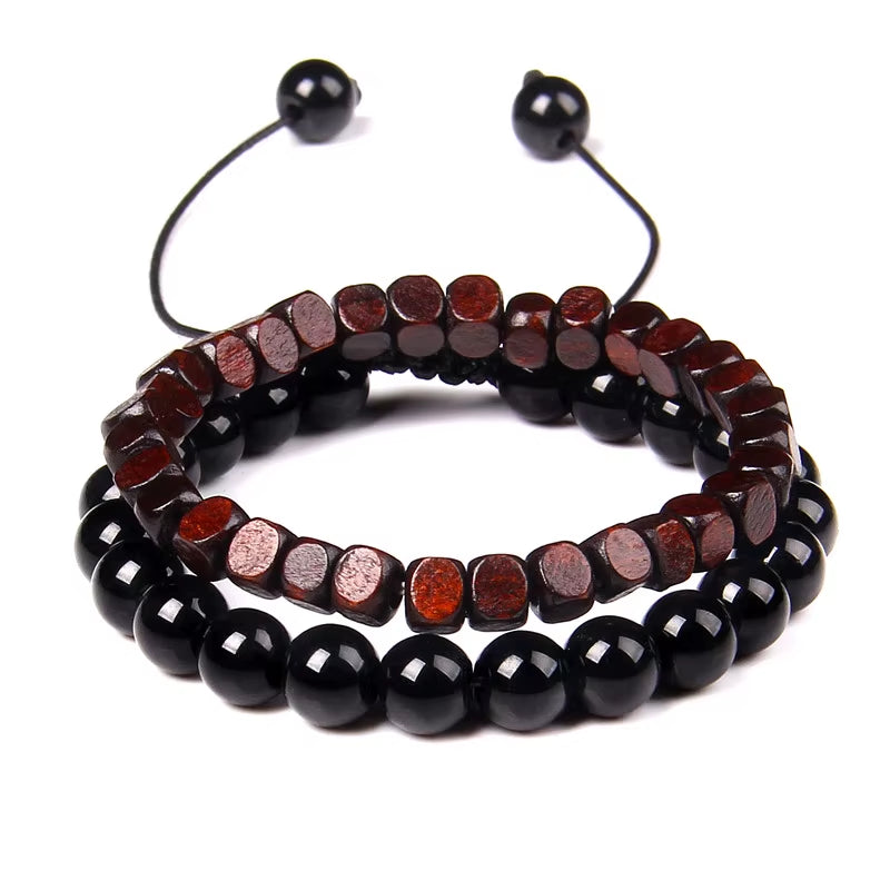 2 Pcs Chinese Feng Shui Obsidian Wood Bracelet Men Women Unisex Wristband Red Pixiu Charm Lucky Wealthy Women Bracelet Gift