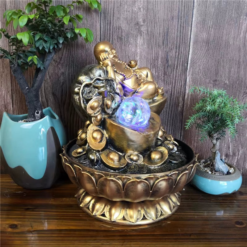 Handmade Gifts Lucky Feng Shui Decorations Gold Maitreya Buddha Statues Indoor Desktop Water Fountains with Led Glowing Balls