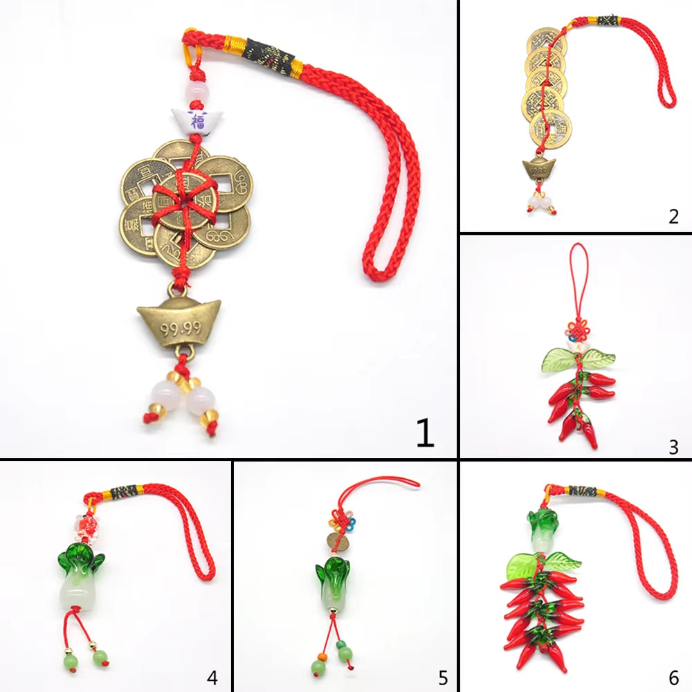 Mascot Wealth Lucky Fengshui Decoration Brass Coin Chili Cabbage Chinese Knot for Car Hanging Charm Ornaments Spiritual Supplies