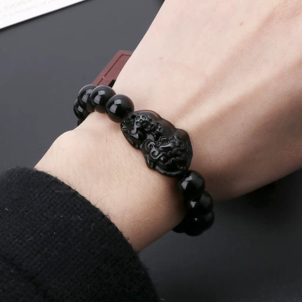 Natural Obsidian Stone Beads Bracelet Men Women Chinese Feng Shui Pi Xiu Wristband Gold Color Wealth & Good Luck Pixiu Bracelets