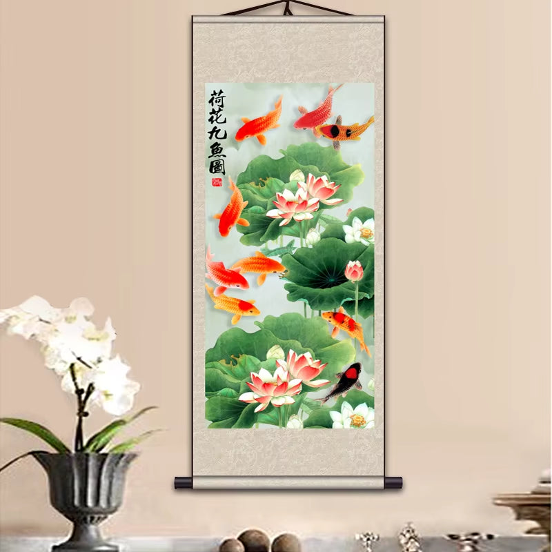 Silk Painting Gift / Lotus Nine Fish Figure / Figure Silk Scroll Painting Lotus / Interior Painting / Chinese Painting