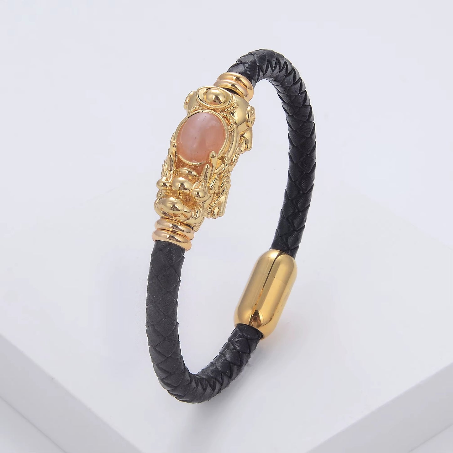 New Feng Shui PIXIU Charm Bracelet round Natural Gemstone Braided Leather Rope Women Bracelet Fashion Stainless Steel Jewelry