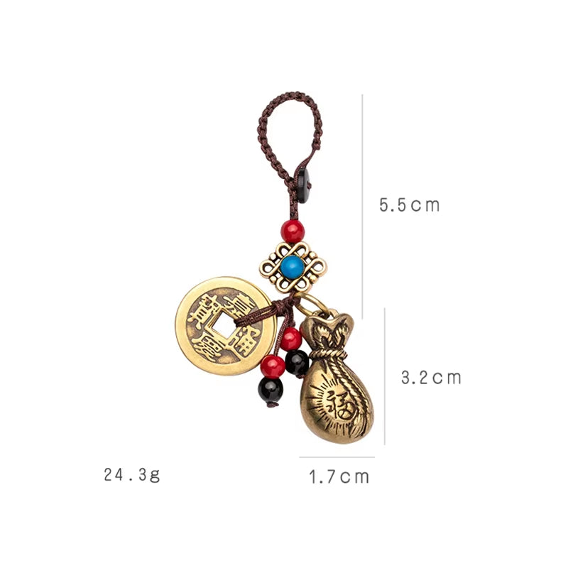 Vintage Brass Money Bag Keychain Pendant Handmade Rope Lucky Feng Shui Hanging Jewelry Ancient Five Emperors Coins Car Key Chain