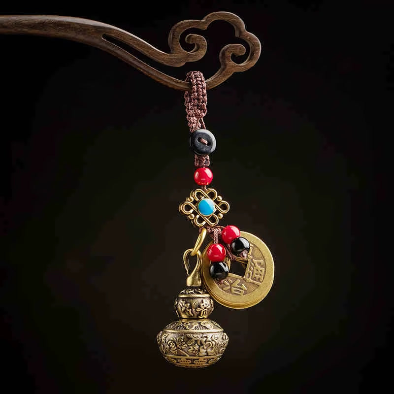 Vintage Brass Lucky Gourd Car Keychain Pendant Handmade Lanyard Ancient Chinese Five Emperors Coins Feng Shui Keyrings Hangings