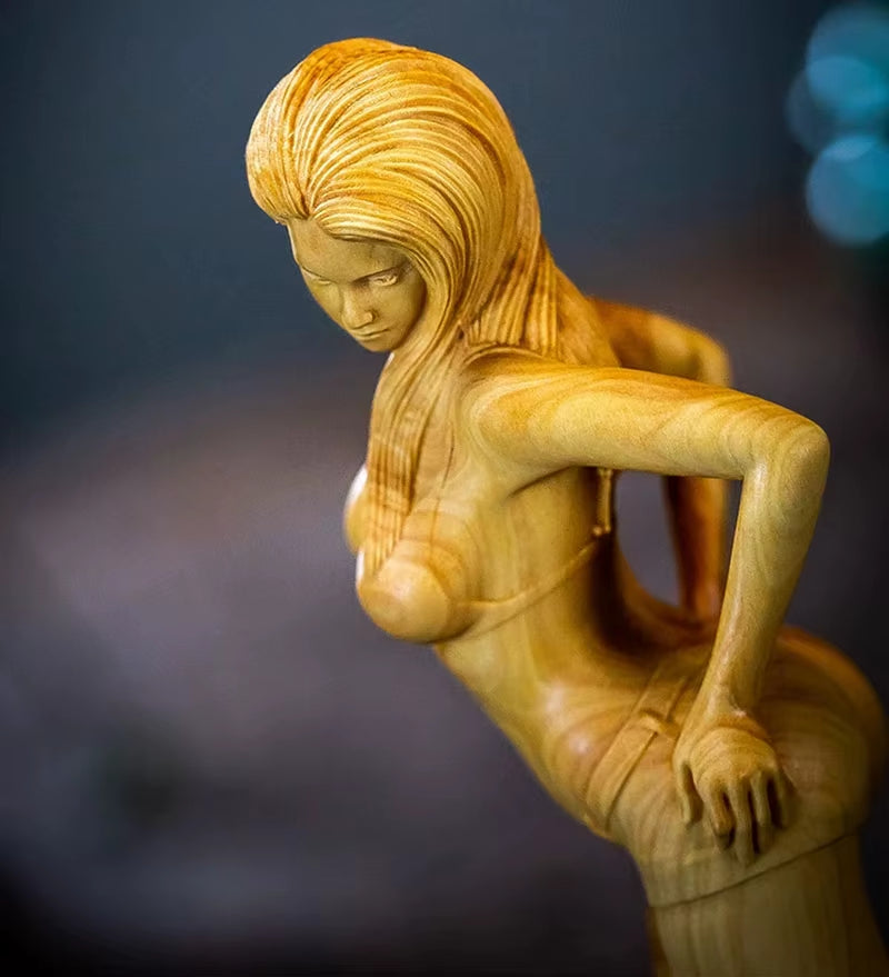 21.8CM Beauty Model Boxwood Sculpture Feng Shui Wood Carving Beautiful Lady Girl Statue Collection Ornaments