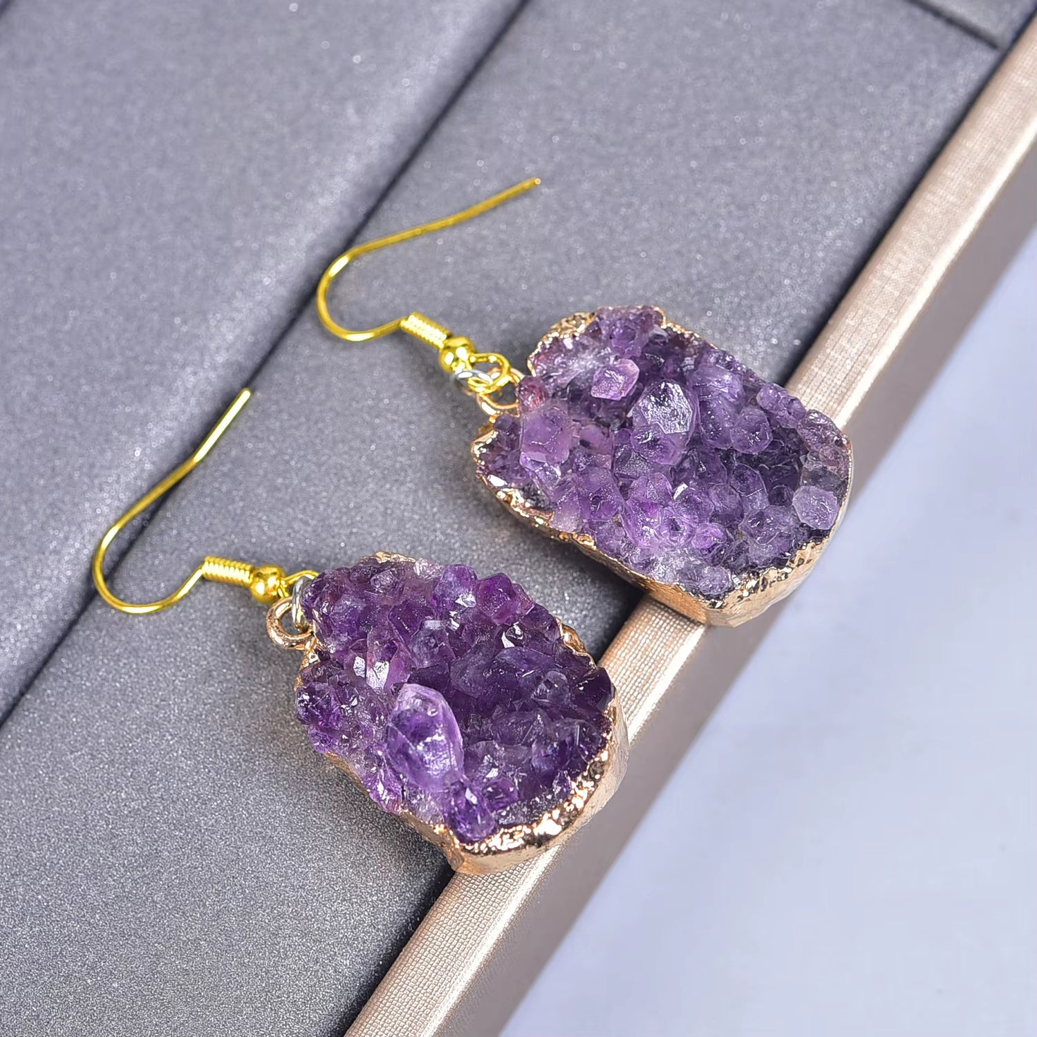 Natural Crystal Cluster Drop Earrings Irregular Real Amethyst Purple Quartz Stone Ear Jewelry Decor Healing Energy Reiki