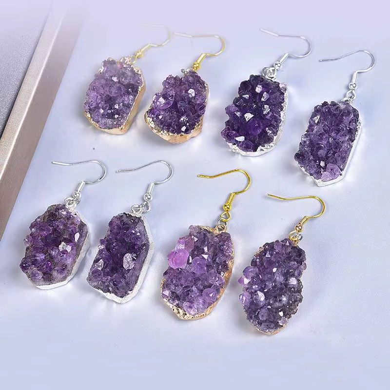 Natural Crystal Cluster Drop Earrings Irregular Real Amethyst Purple Quartz Stone Ear Jewelry Decor Healing Energy Reiki