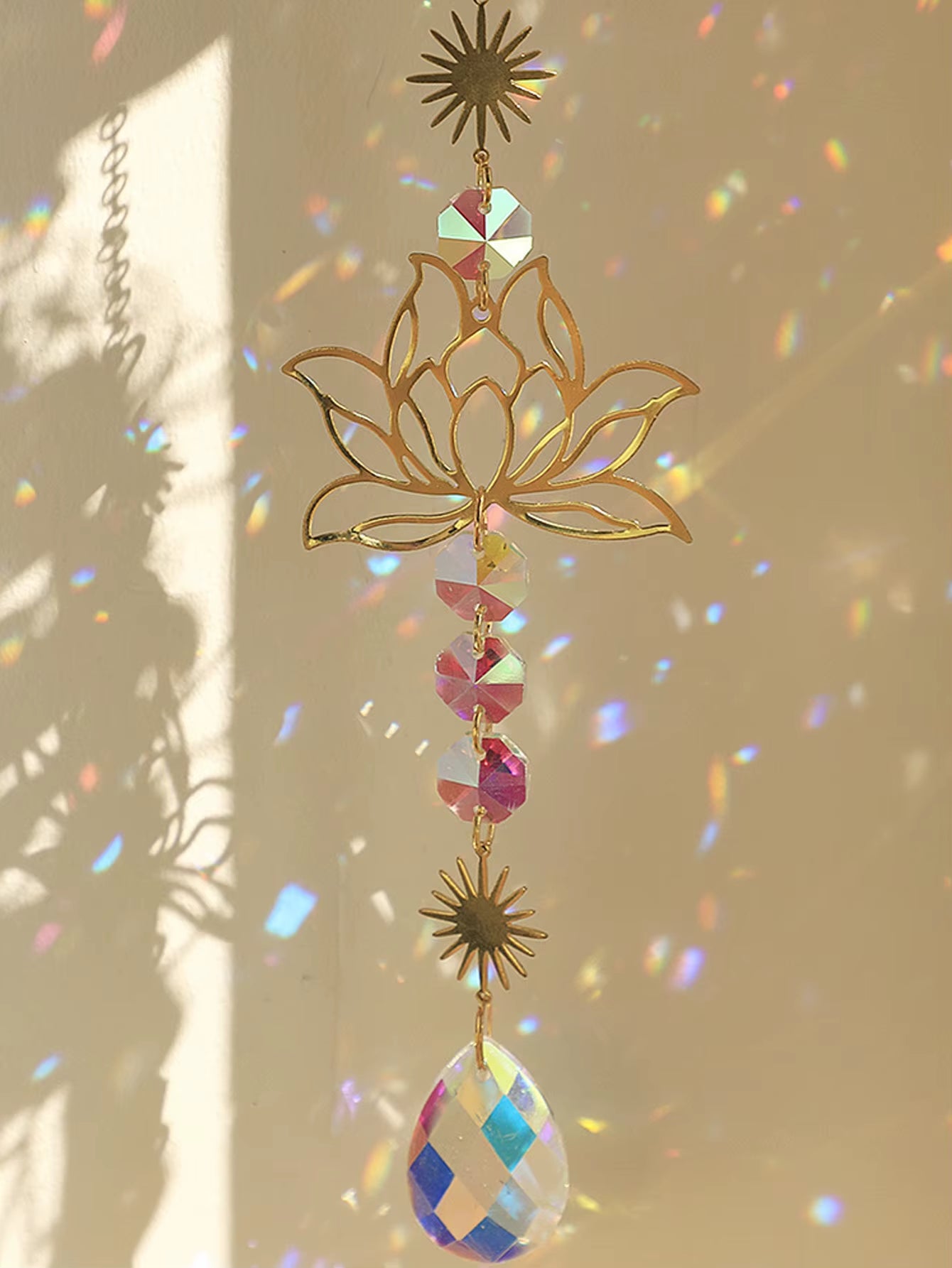 1Pc Suncatcher Gardening Crafts Golden Lotus AB Colorful Water Drop Pendant Crystal Decoration Pendant