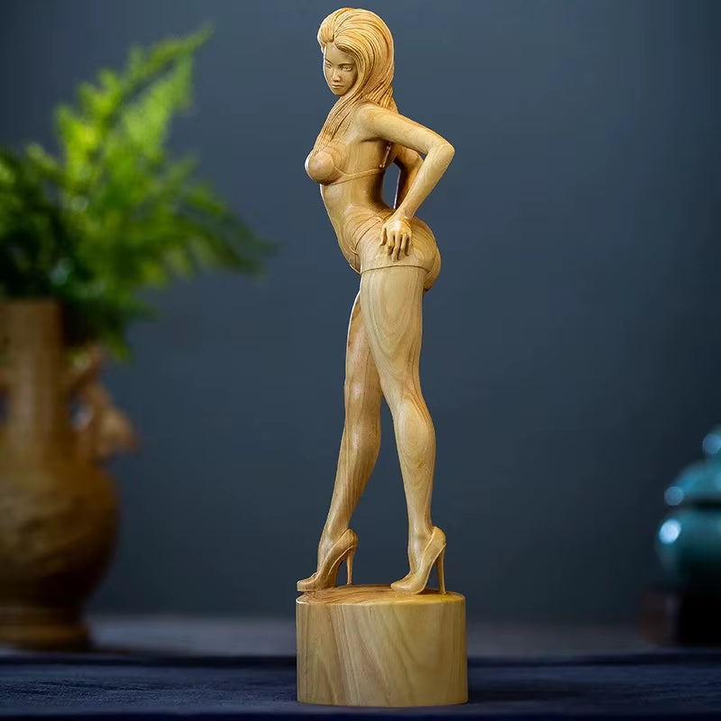 21.8CM Beauty Model Boxwood Sculpture Feng Shui Wood Carving Beautiful Lady Girl Statue Collection Ornaments