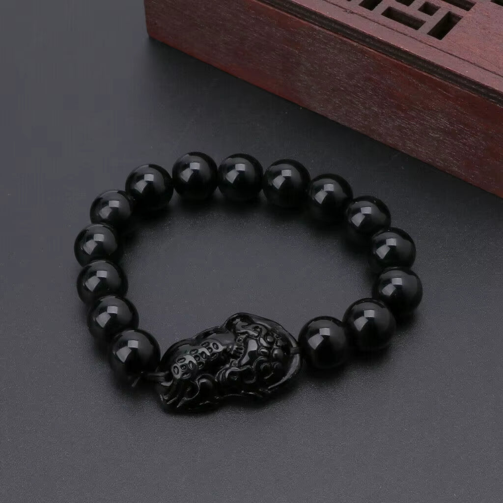 Natural Obsidian Stone Beads Bracelet Men Women Chinese Feng Shui Pi Xiu Wristband Gold Color Wealth & Good Luck Pixiu Bracelets