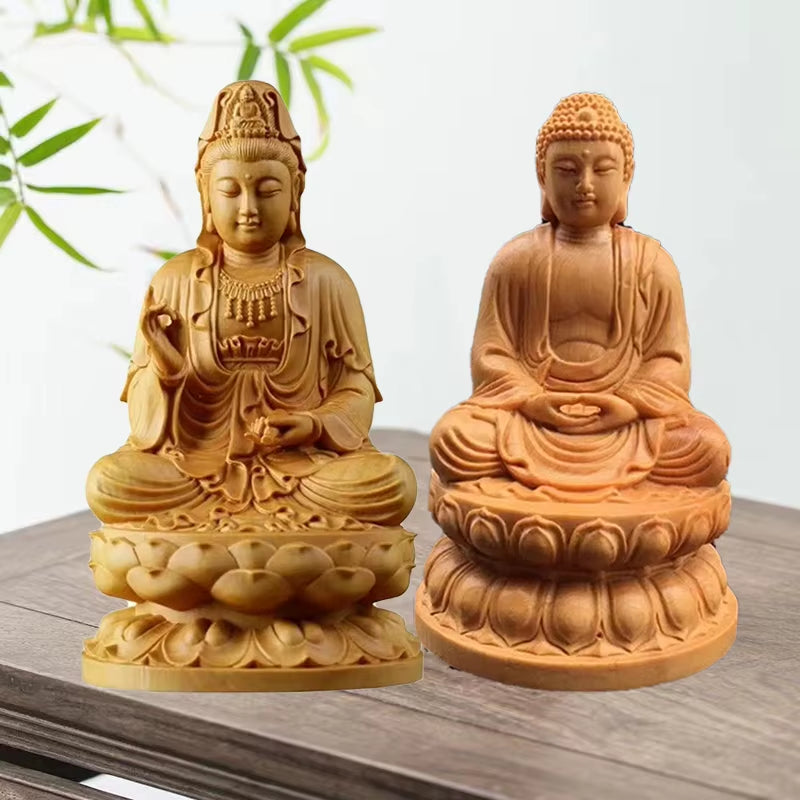 Natural Cypress Guanyin, Sakyamuni Buddha Characters Statue，Solid Wood Buddha Statues Home Room Office Feng Shui Art Statue