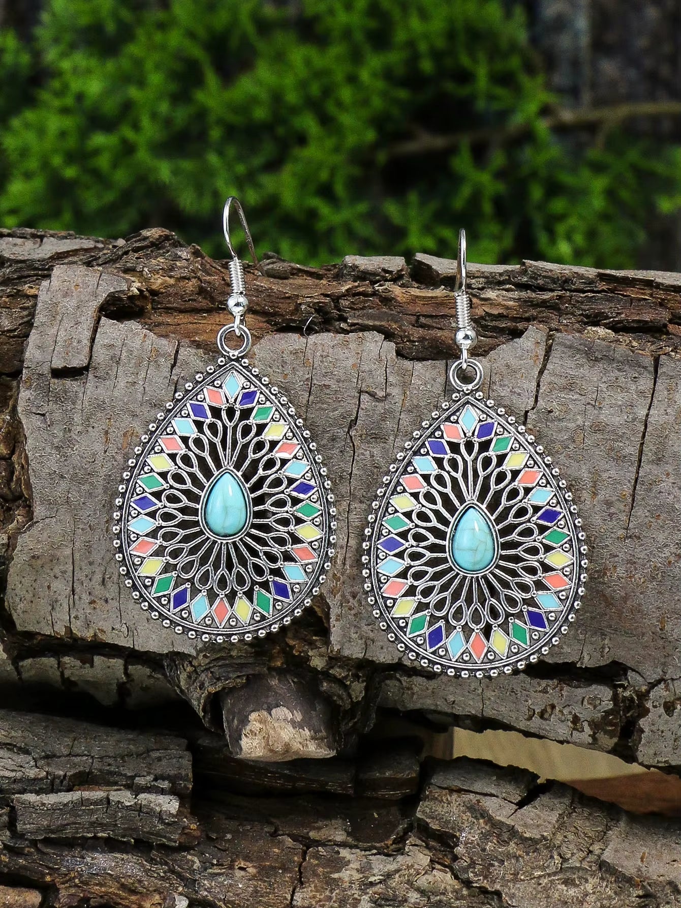 Ethnic Feng Shui Droplet Hollow Colored Glazed Earrings for Women Bohemian Vacation Short Necklace Jewelry Set