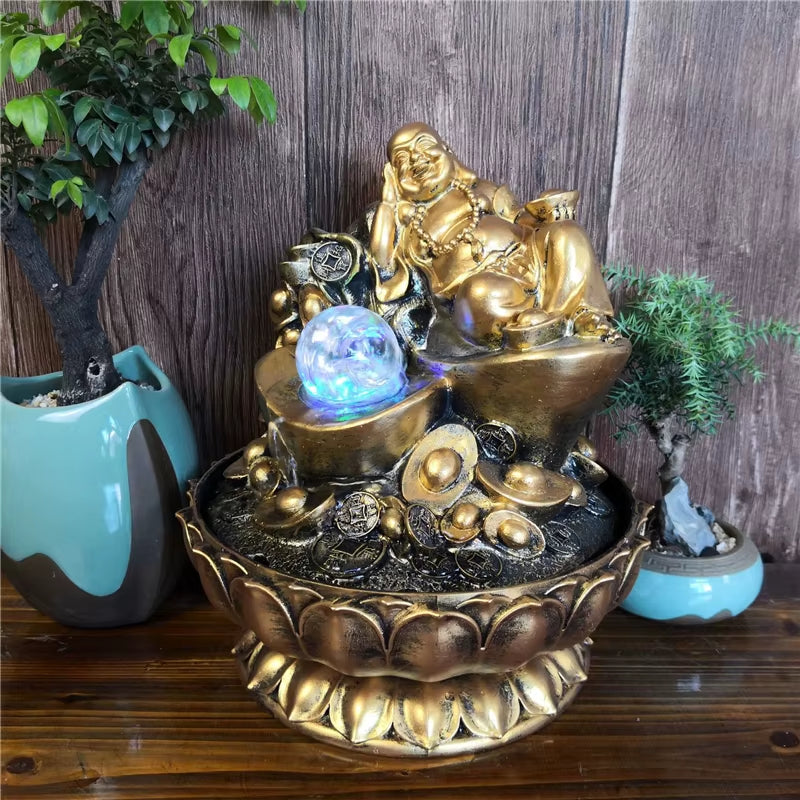 Handmade Gifts Lucky Feng Shui Decorations Gold Maitreya Buddha Statues Indoor Desktop Water Fountains with Led Glowing Balls