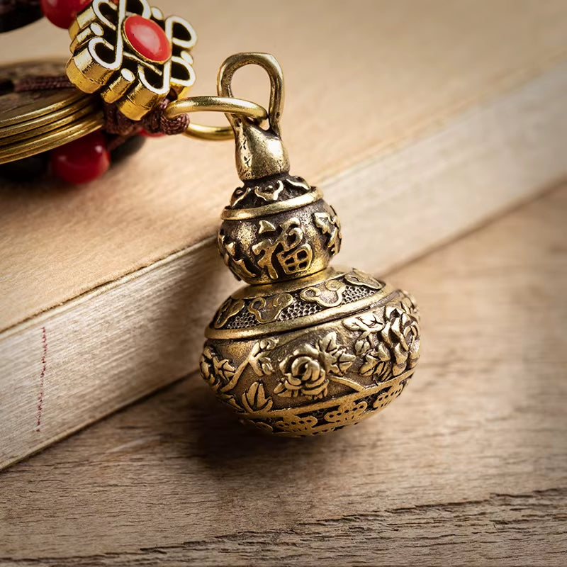 Vintage Brass Lucky Gourd Car Keychain Pendant Handmade Lanyard Ancient Chinese Five Emperors Coins Feng Shui Keyrings Hangings