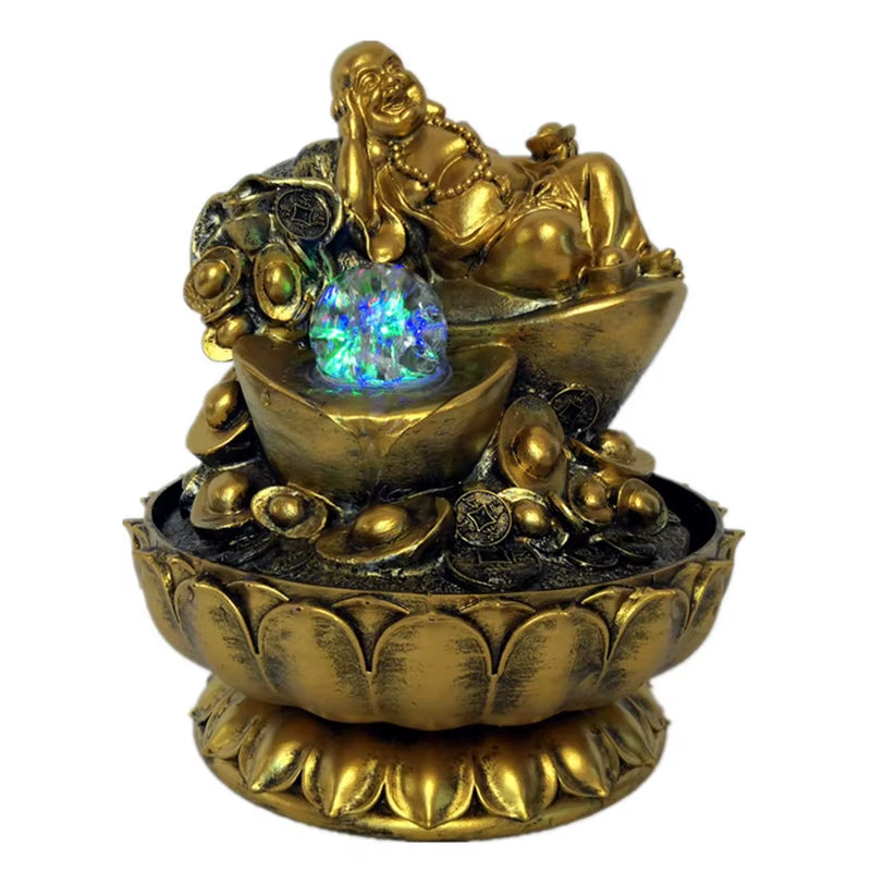 Handmade Gifts Lucky Feng Shui Decorations Gold Maitreya Buddha Statues Indoor Desktop Water Fountains with Led Glowing Balls