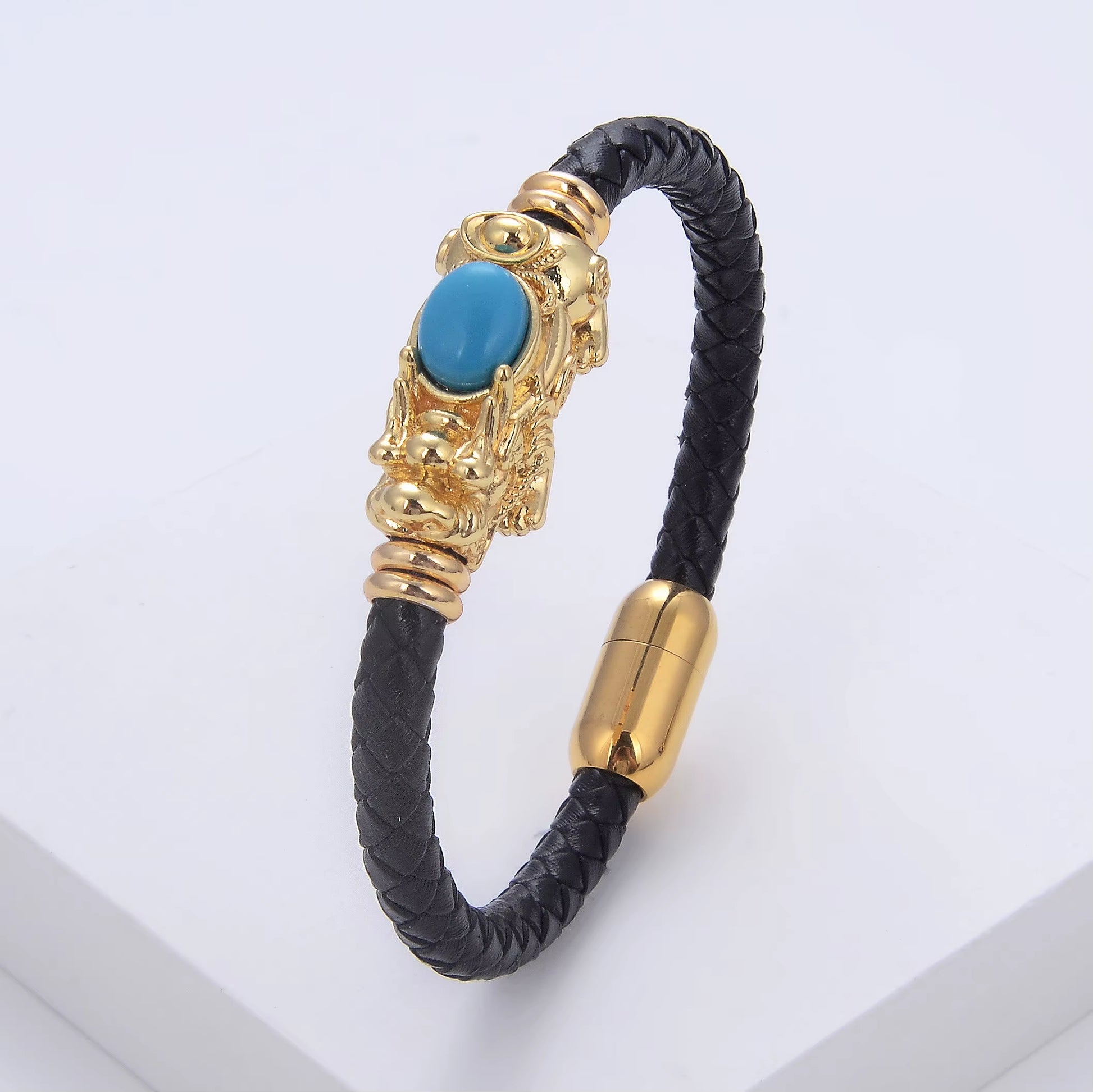 New Feng Shui PIXIU Charm Bracelet round Natural Gemstone Braided Leather Rope Women Bracelet Fashion Stainless Steel Jewelry