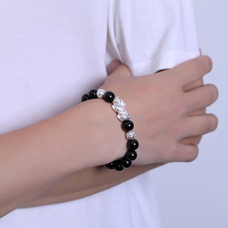 Black Obsidian Stone Bracelets Hand Accessories for Men with Real Sterling Silver Pixiu Feng Shui Crystals Jewelry Armband Heren