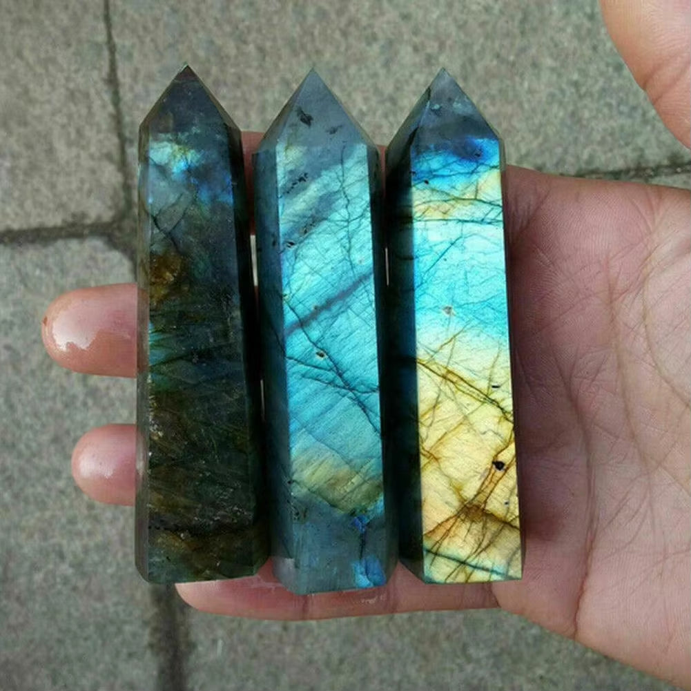 Natural Labradorite Quartz Hexagonal Prisms Obelisk Crystal Column Wand Point Healing Treatment Stone Gifts