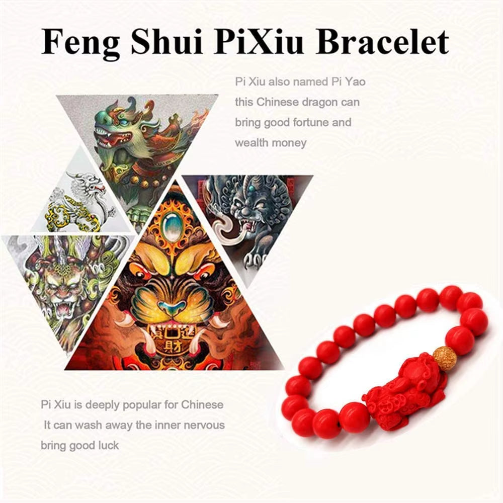 Pixiu Natural Stone Bracelet Men Women Chinese Feng Shui Pi Xiu Red Beads Wristband Gold Wealth & Good Lucky Unisex Bracelets A+