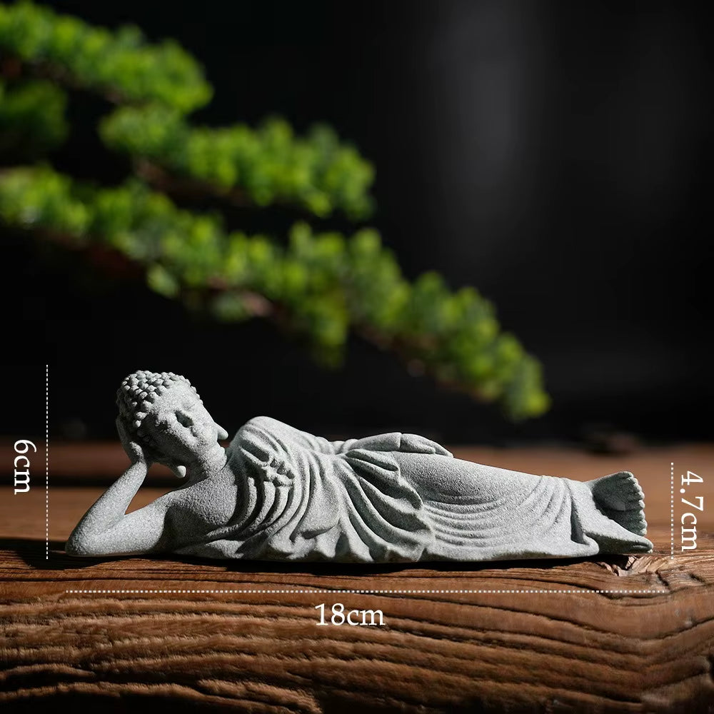 Buddha Reclining Meditating Carving Statue Feng Shui Collectibles Figurine for Home Garden Bonsai Fish Tank Desk Yard Decoration