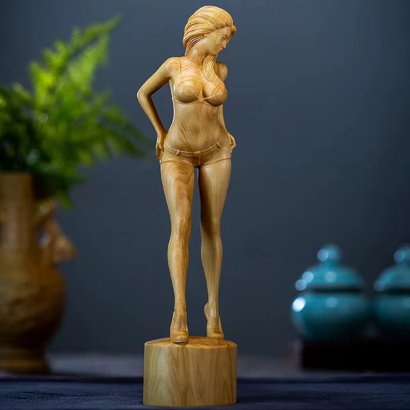 21.8CM Beauty Model Boxwood Sculpture Feng Shui Wood Carving Beautiful Lady Girl Statue Collection Ornaments