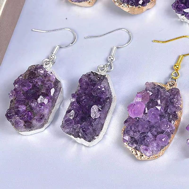 Natural Crystal Cluster Drop Earrings Irregular Real Amethyst Purple Quartz Stone Ear Jewelry Decor Healing Energy Reiki