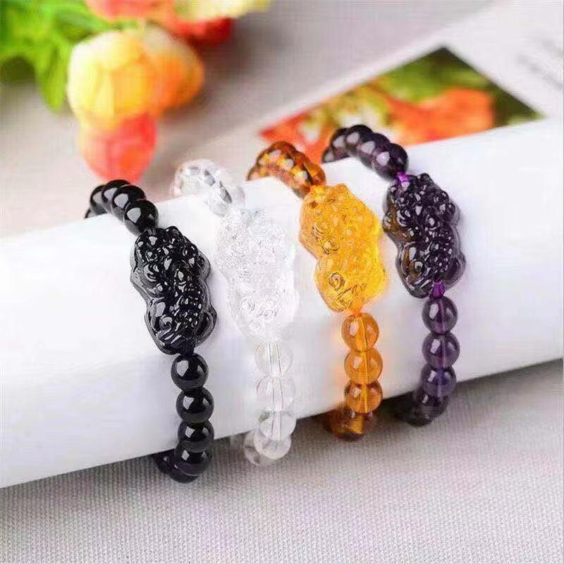 Natural Obsidian Stone Beads Bracelet Men Women Chinese Feng Shui Pi Xiu Wristband Gold Color Wealth & Good Luck Pixiu Bracelets