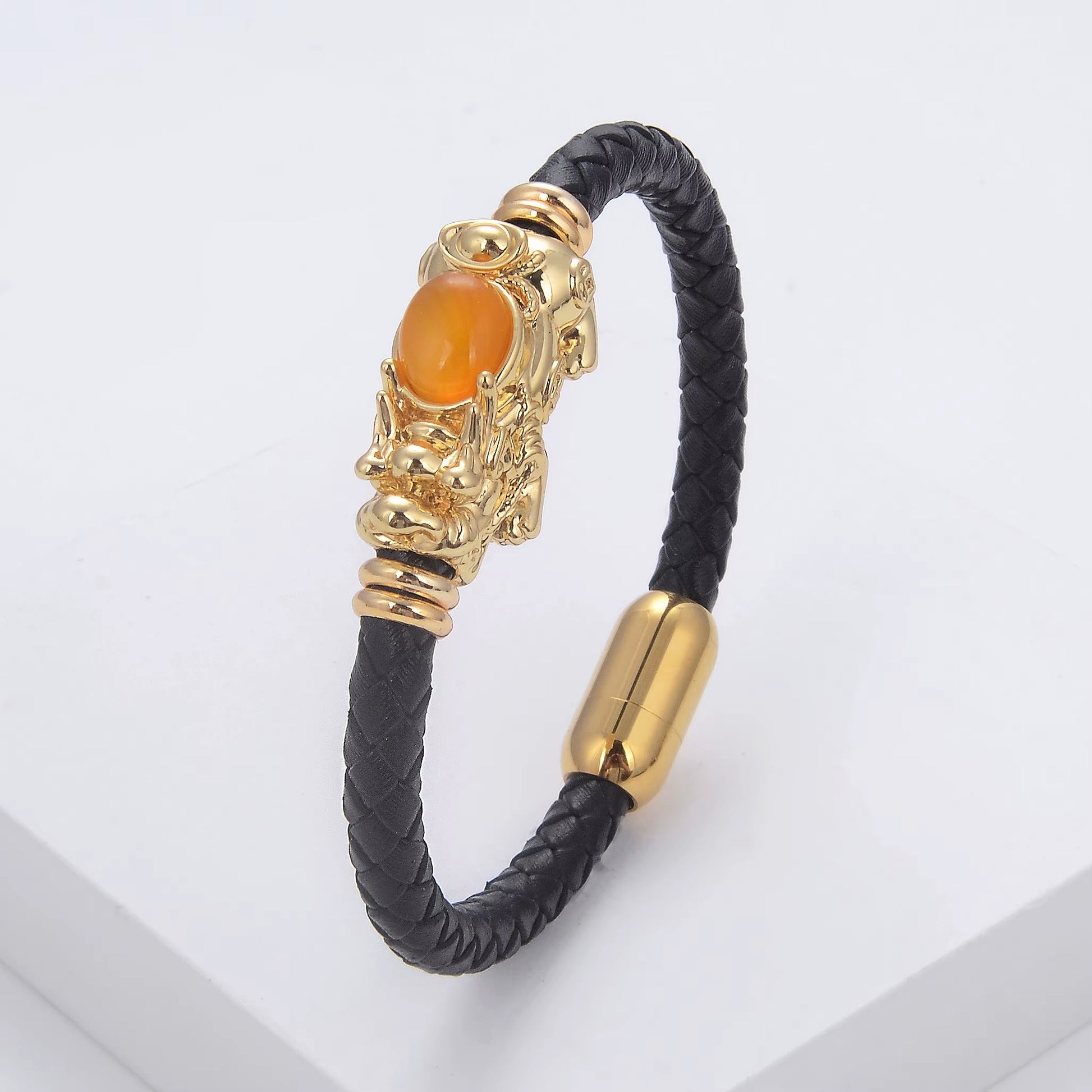 New Feng Shui PIXIU Charm Bracelet round Natural Gemstone Braided Leather Rope Women Bracelet Fashion Stainless Steel Jewelry