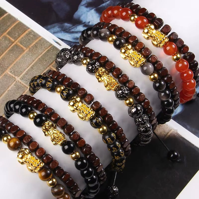 2 Pcs Chinese Feng Shui Obsidian Wood Bracelet Men Women Unisex Wristband Red Pixiu Charm Lucky Wealthy Women Bracelet Gift