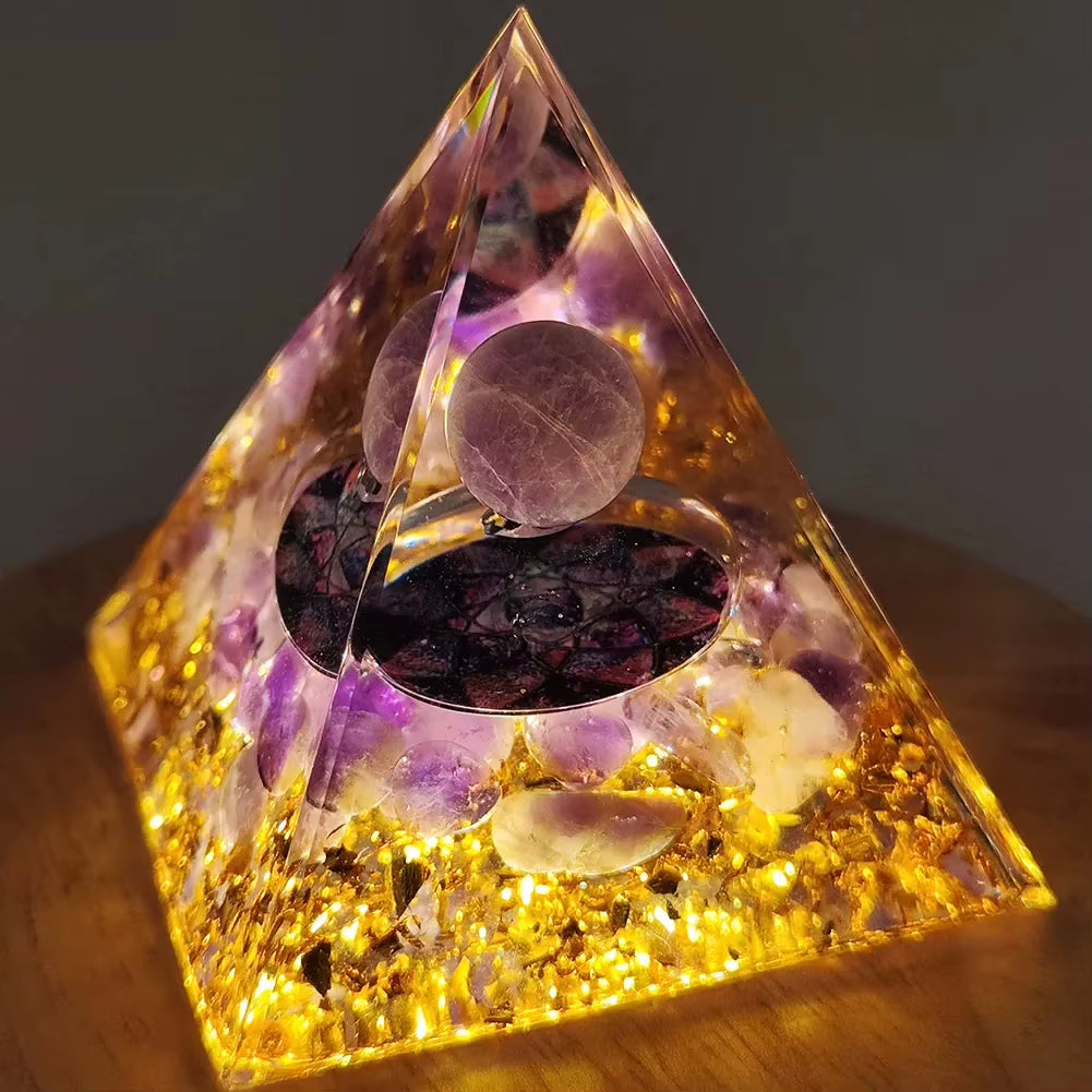 Energy Generator Orgone Pyramid Amethyst Peridot Healing Natural Crystal Reiki Chakra Generator Orgonite Pyramid Meditation Tool