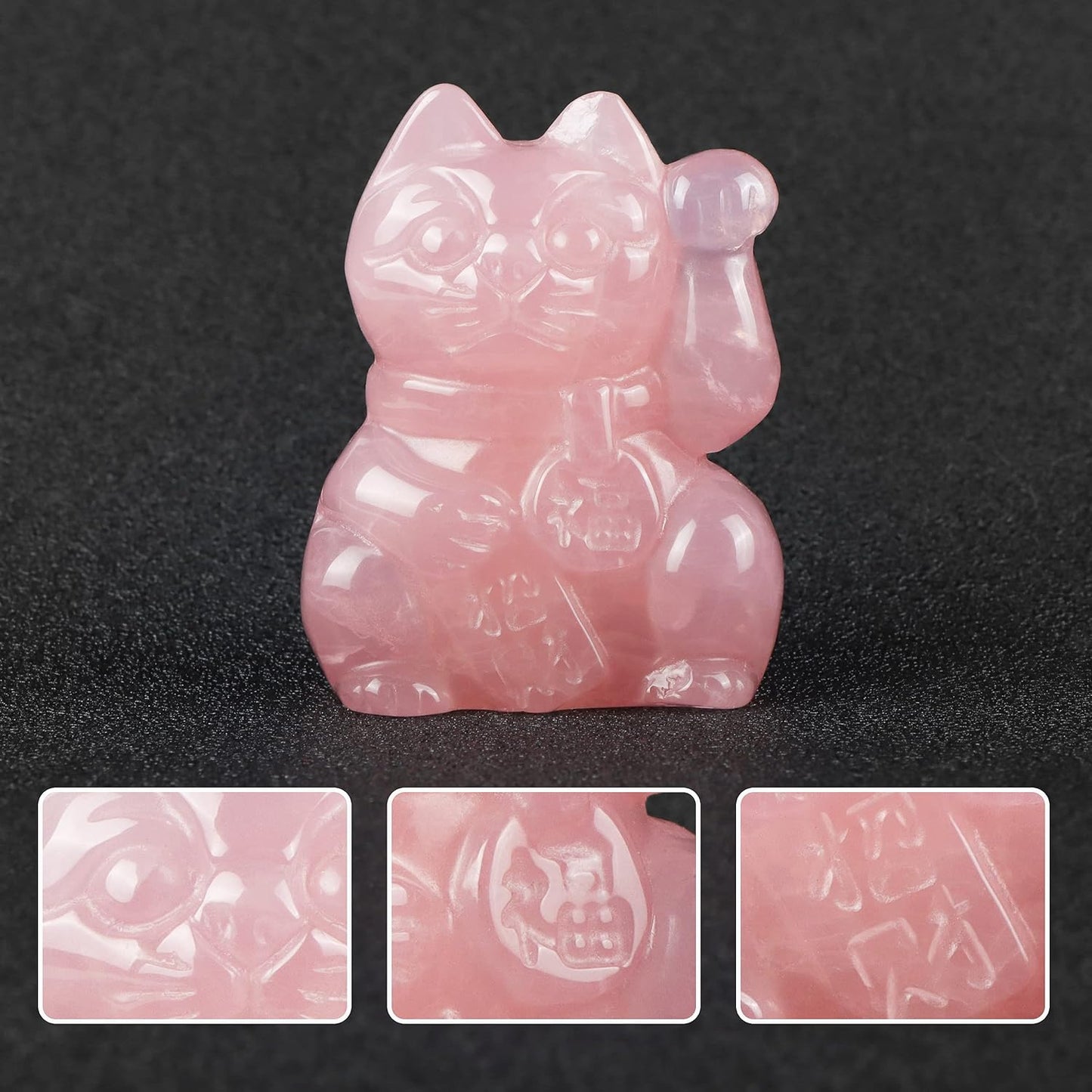 2" Rose Quartz Crystal Lucky Cat Figurine Hand Carved Maneki Neko Money Cats Statue Good Luck Feng Shui Decoration for Home Office with Gift Box