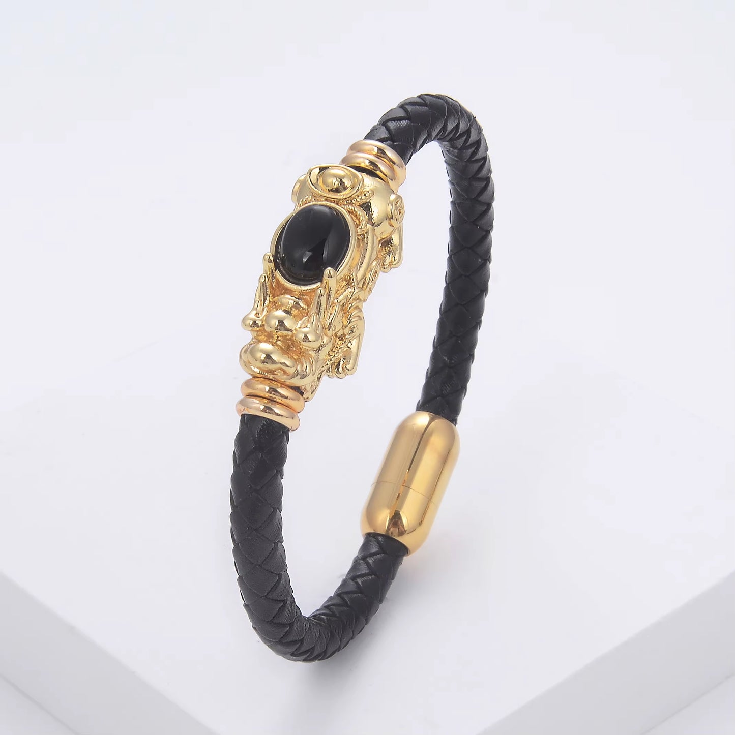 New Feng Shui PIXIU Charm Bracelet round Natural Gemstone Braided Leather Rope Women Bracelet Fashion Stainless Steel Jewelry