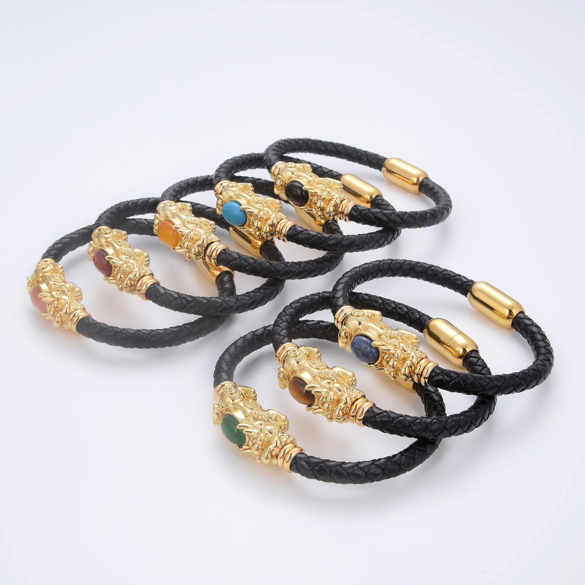 New Feng Shui PIXIU Charm Bracelet round Natural Gemstone Braided Leather Rope Women Bracelet Fashion Stainless Steel Jewelry