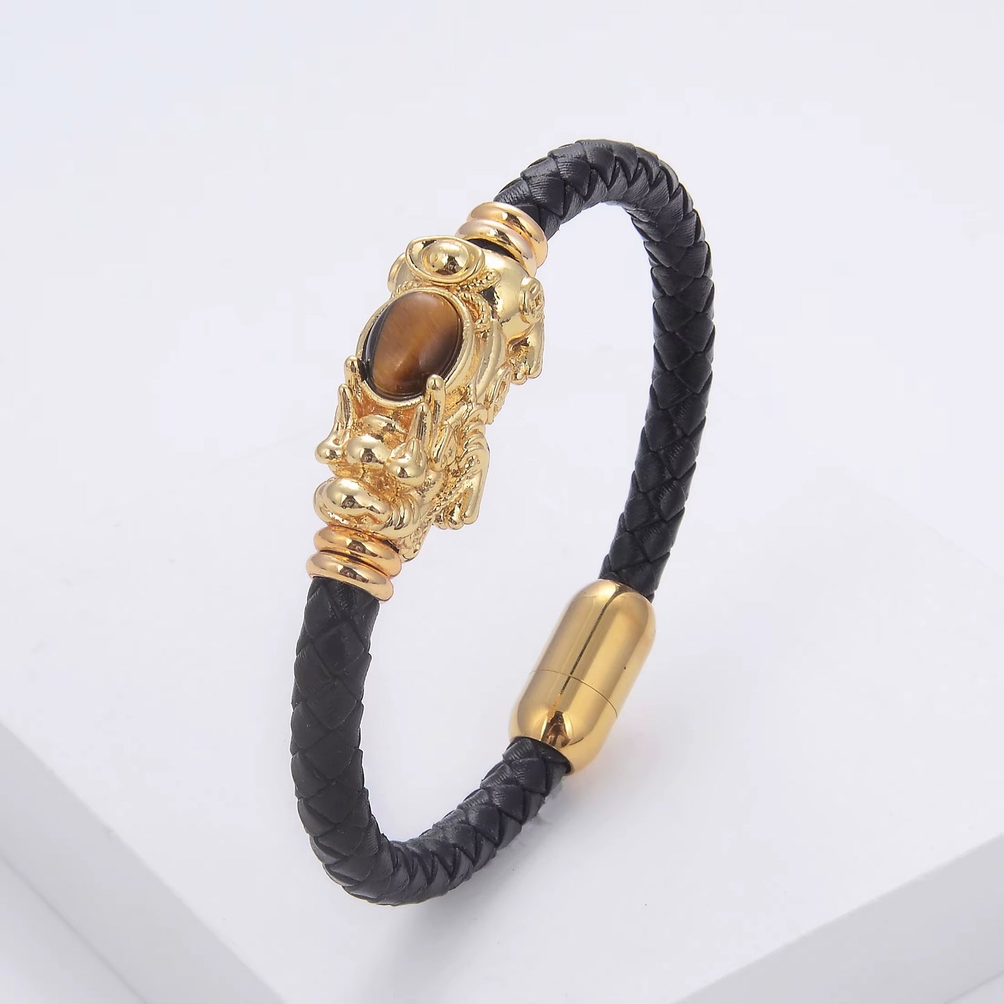 New Feng Shui PIXIU Charm Bracelet round Natural Gemstone Braided Leather Rope Women Bracelet Fashion Stainless Steel Jewelry