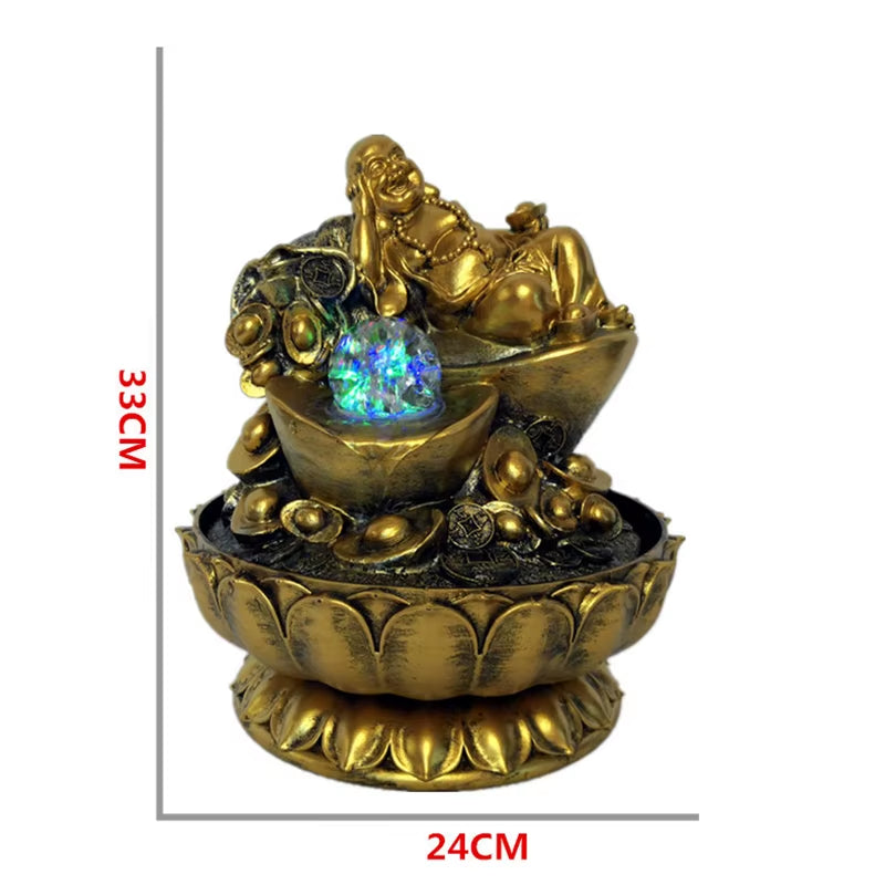 Handmade Gifts Lucky Feng Shui Decorations Gold Maitreya Buddha Statues Indoor Desktop Water Fountains with Led Glowing Balls