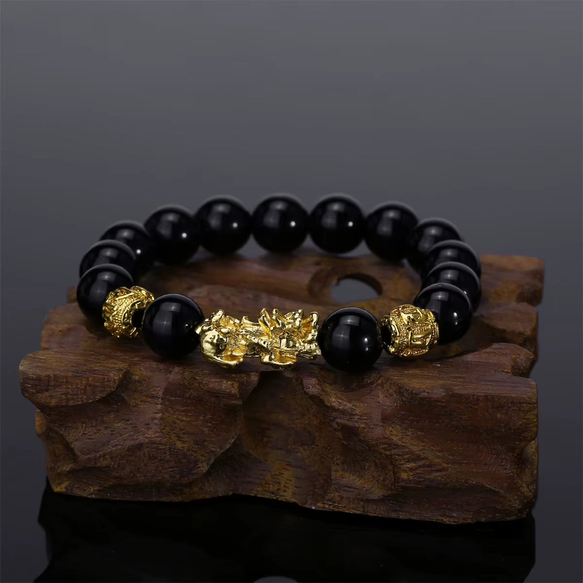 Buddhism Feng Shui Obsidian Stone Beads Bracelet Men Women Unisex Brave Troops Wristband Gold Color Pixiu Wealth Lucky Bracelets