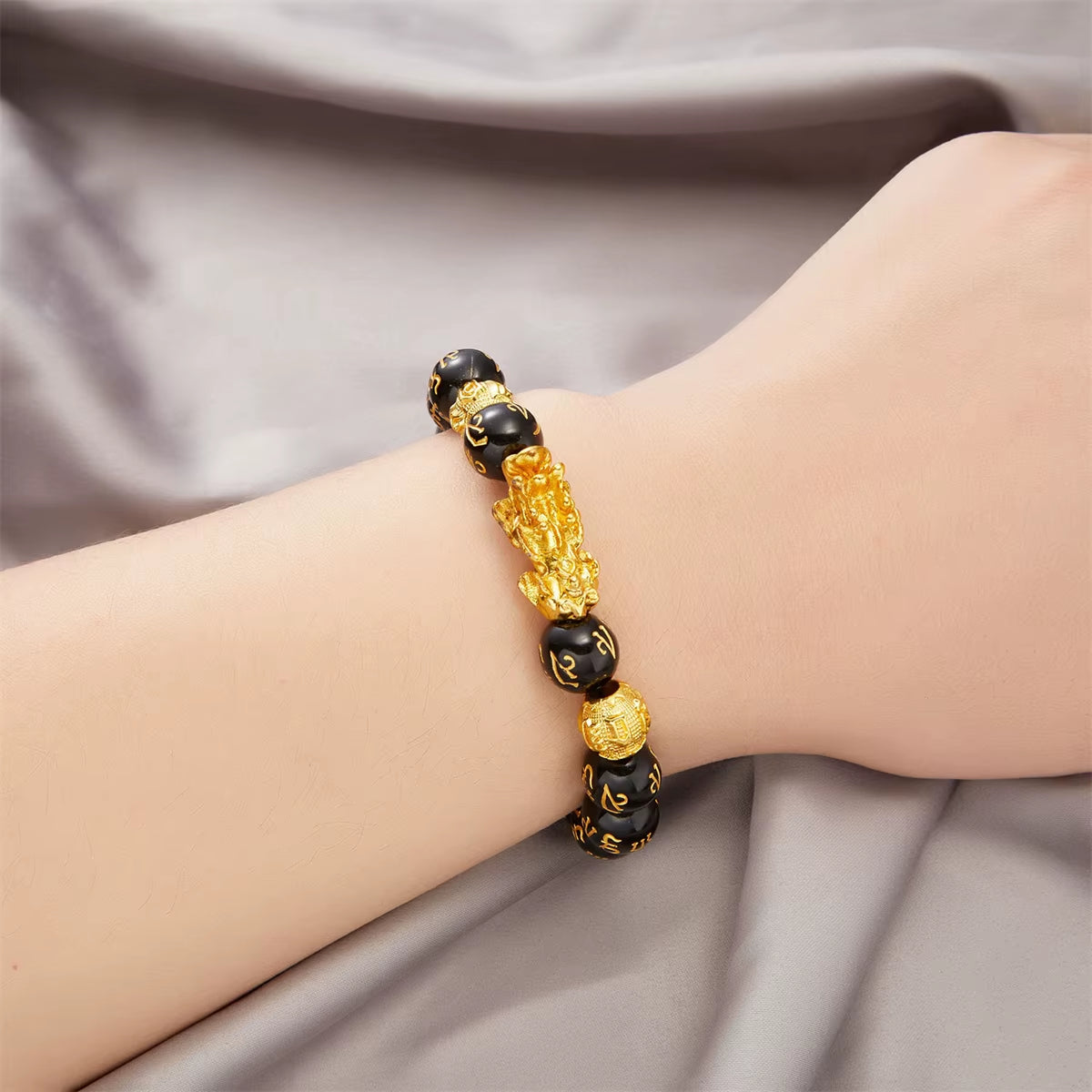 Buddhism Feng Shui Obsidian Stone Beads Bracelet Men Women Unisex Brave Troops Wristband Gold Color Pixiu Wealth Lucky Bracelets