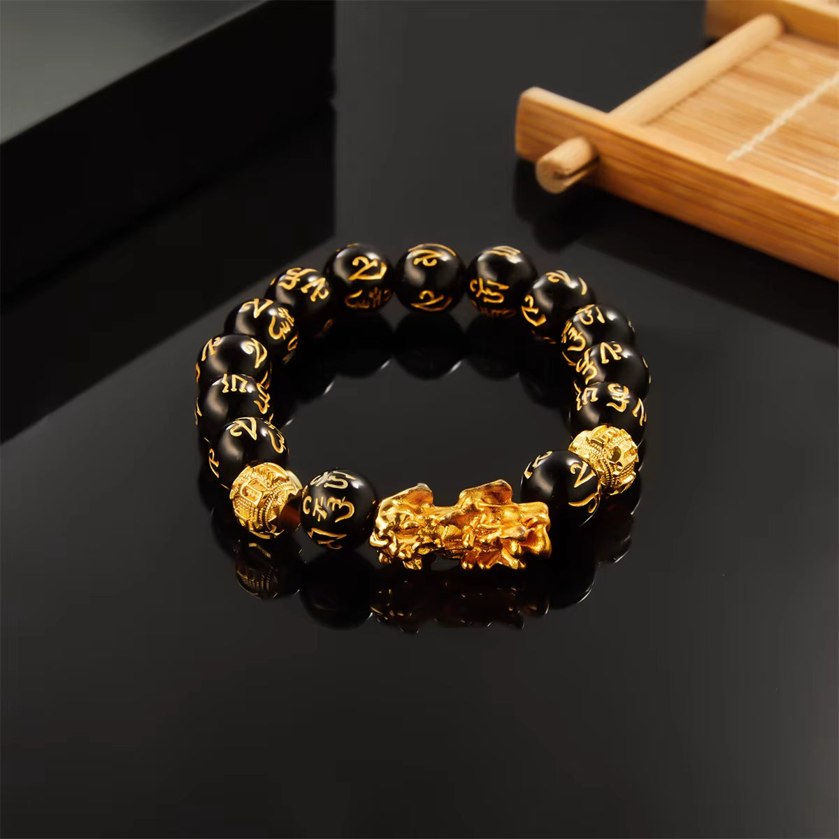 Buddhism Feng Shui Obsidian Stone Beads Bracelet Men Women Unisex Brave Troops Wristband Gold Color Pixiu Wealth Lucky Bracelets