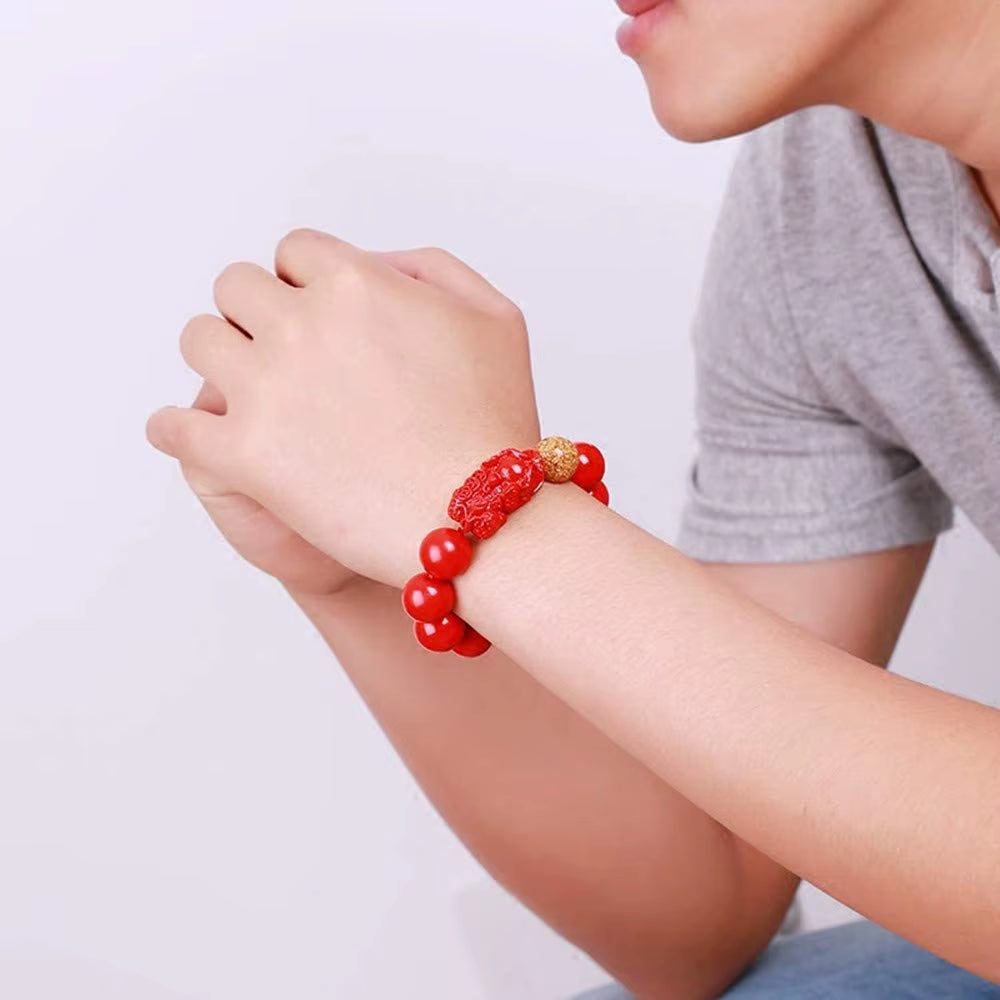 Pixiu Natural Stone Bracelet Men Women Chinese Feng Shui Pi Xiu Red Beads Wristband Gold Wealth & Good Lucky Unisex Bracelets A+