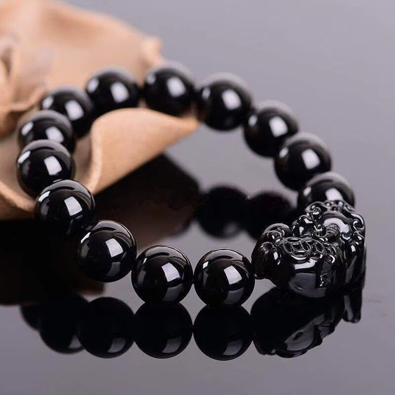 Natural Obsidian Stone Beads Bracelet Men Women Chinese Feng Shui Pi Xiu Wristband Gold Color Wealth & Good Luck Pixiu Bracelets