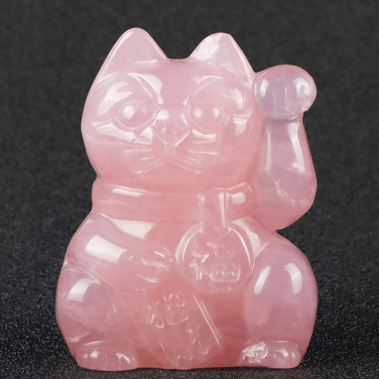 2" Rose Quartz Crystal Lucky Cat Figurine Hand Carved Maneki Neko Money Cats Statue Good Luck Feng Shui Decoration for Home Office with Gift Box