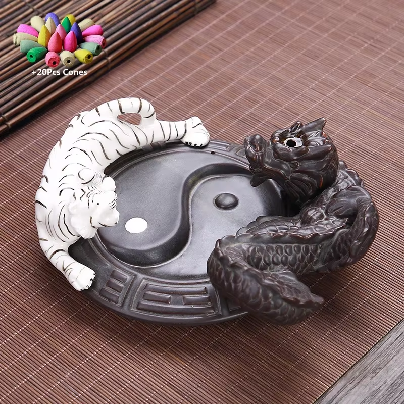 Home Feng Shui the Eight Diagrams Ornament Backflow Incense Censer Lucky Dragon White Tiger Ceramic Censer Tea Pet Office Decor