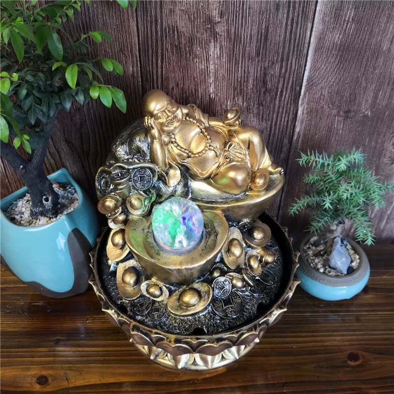 Handmade Gifts Lucky Feng Shui Decorations Gold Maitreya Buddha Statues Indoor Desktop Water Fountains with Led Glowing Balls