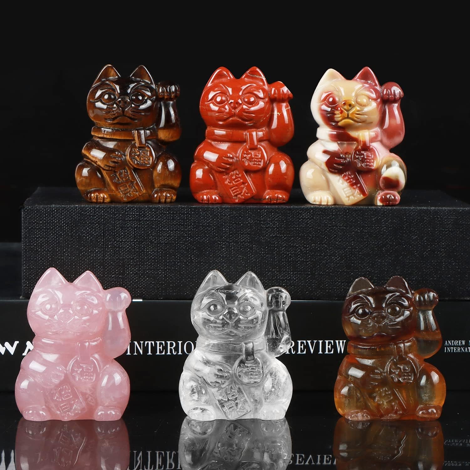 2" Rose Quartz Crystal Lucky Cat Figurine Hand Carved Maneki Neko Money Cats Statue Good Luck Feng Shui Decoration for Home Office with Gift Box