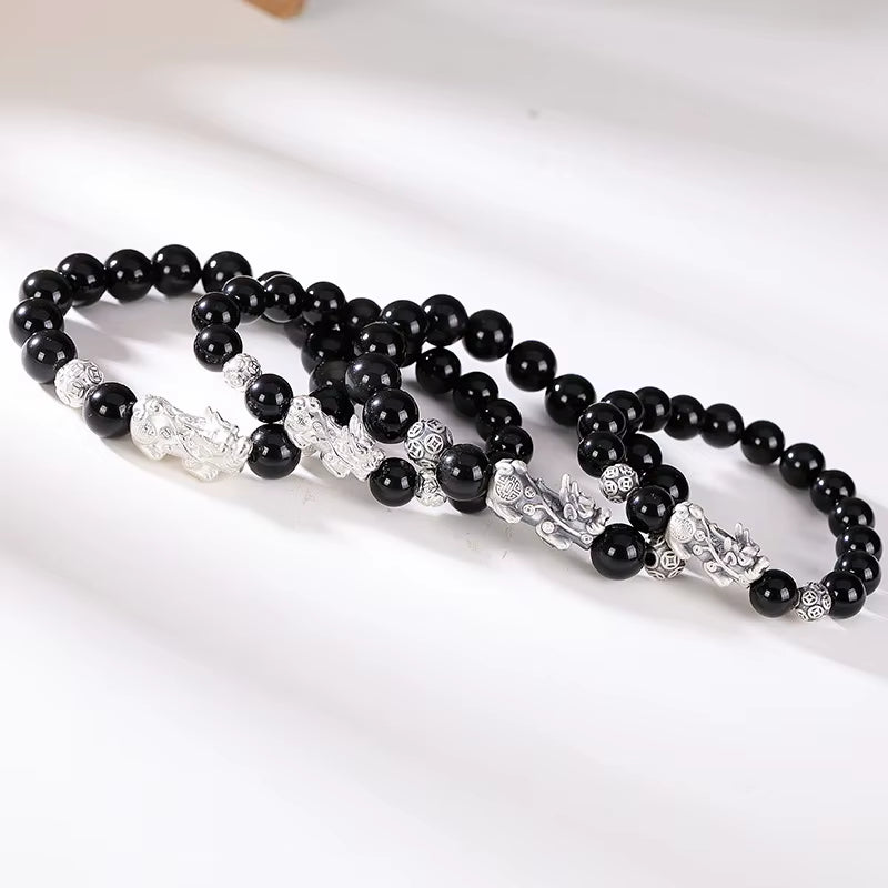 Black Obsidian Stone Bracelets Hand Accessories for Men with Real Sterling Silver Pixiu Feng Shui Crystals Jewelry Armband Heren