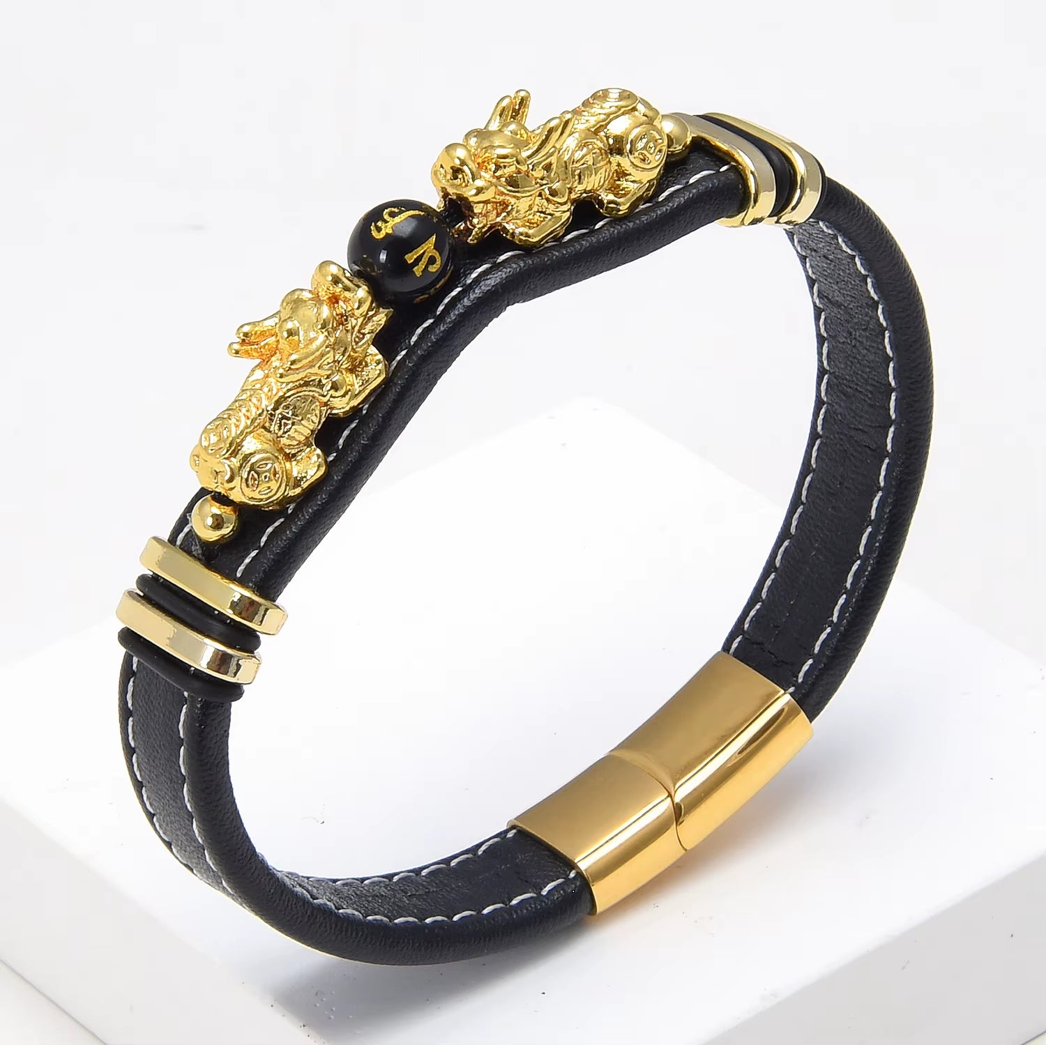 Black Obsidian Stone Bracelet Men Women Feng Shui Bracelet Gold Plated Pixiu Patron Saint Bless Health Wealth Lucky Jewelry